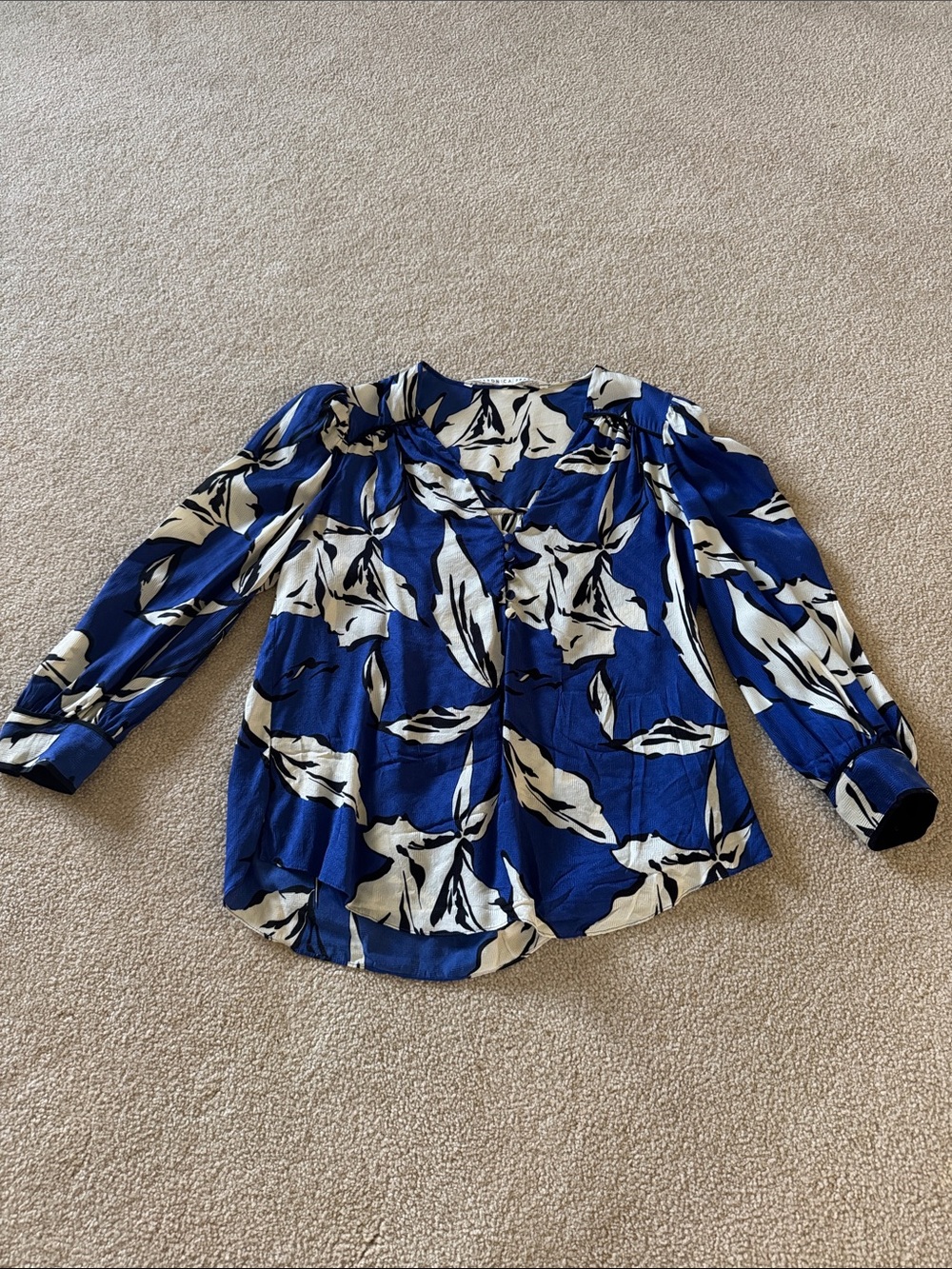 Veronica Beard Royal Blue and White Floral V-Neck Blouse